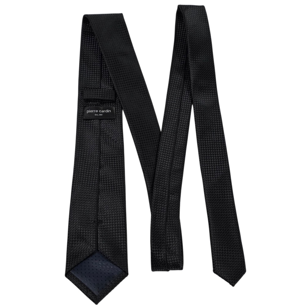 Pierre Cardin Mens Necktie Black Textured Polyester Pattern Slim Designer Work